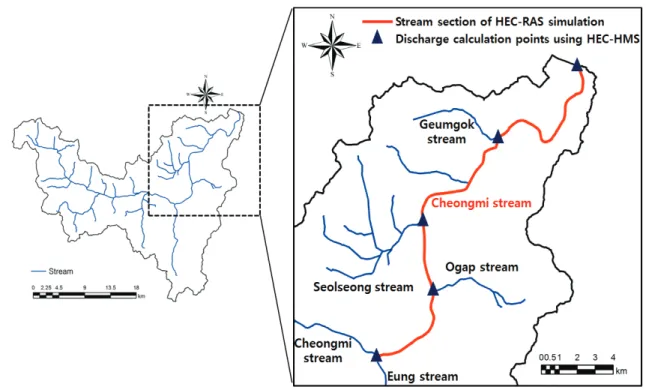 Fig. 3 Stream section of HEC-RAS simulation and discharge calculation points using HEC-HMS