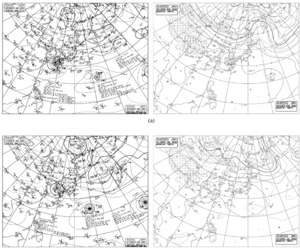 Fig. 6. Weather charts at the surface (left), 500 hPa (right) of (a) 2100 LST 30, August, and (b) 0900 LST 31, August, 2002  as a TY type.