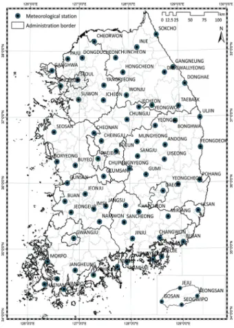 Fig. 1 Spatial distribution of the weather stations in South Korea