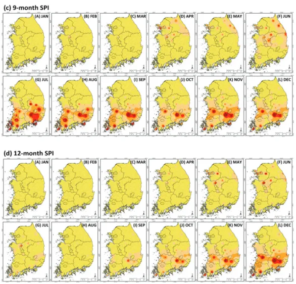 Fig. 6 Monthly SPI map by time scale (3-month, 6-month, 9-month, and 12-month) in 2017 남 ,  경남 등 극심한 가뭄 단계인 D4가 발생한 것으로 나타났 다