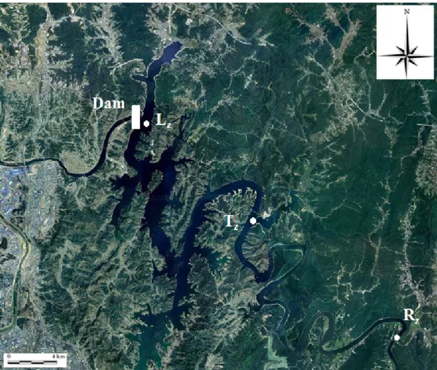 Fig. 1. The map showing sampling sites of three zones Daecheong Reservoir.