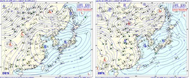Fig. 3. Surface weather maps at 09LST and 21LST on 5 Apr. 2011. 성 종관장은 해륙풍과 같은 국지적인 중규모 순환이 발 달하기에 용이한 환경을 제공한다 