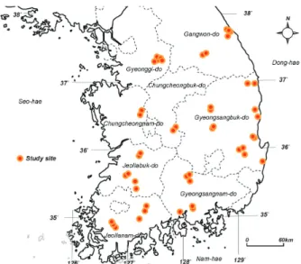 Fig. 1. Map of the study sites in South Korea.도시지역  내  개발  여건이  포화되어  아직  미개발지로  남아  있는  농촌지역으로  도시화가  확장되는  과정에서  도로의  개설, 산업시설의  설치,  문화시설의  확충  등  다양한  개발  활동으로 경작지의 타용도 전환이 빈번하게 이루어지고 있는 실정이다