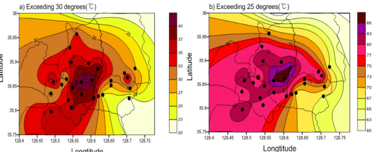 Fig. 4. The distribution of percentage of time that exceeds (a)30 and (b)25 on August 2013.
