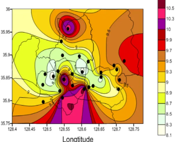 Fig. 7. The monthly mean daily temperature range  on August 2013. 4. 결론 이상 고온의 여름이었던 2013년 8월의 대구지역 소 지역별 열적 분포특성을 조사한 결과 다음과 같은 결론 을 얻을 수가 있었다