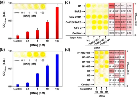 Figure 2. (a) Plot of OD 450 nm versus the concentration of SARS-CoV-2 N1 RNA (0, 0.1, 1, 10, and 100 nM)