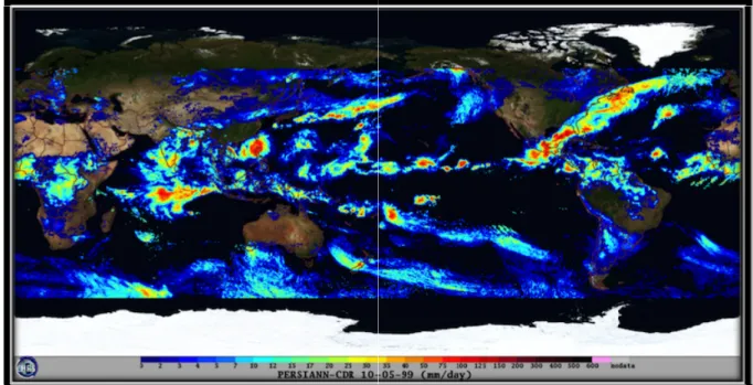 Fig. 1 PERSIANN-CDR daily rainfall at October, 5, 1999 (www.ncdc.noaa.gov/cdr/atmospheric/precipitation-persiann-cdr)터링을 할 수 있는 장점이 있으나, 인공위성의 관측방법에 따라 지상 실측자료에 비해 시･공간해상도가 낮고, 관측 당시의 대기 상태, 관측센서, 시･공간적 대표성 문제 등으로 많은 불확실성을 포함하고 있다 (Jang et al., 2017)