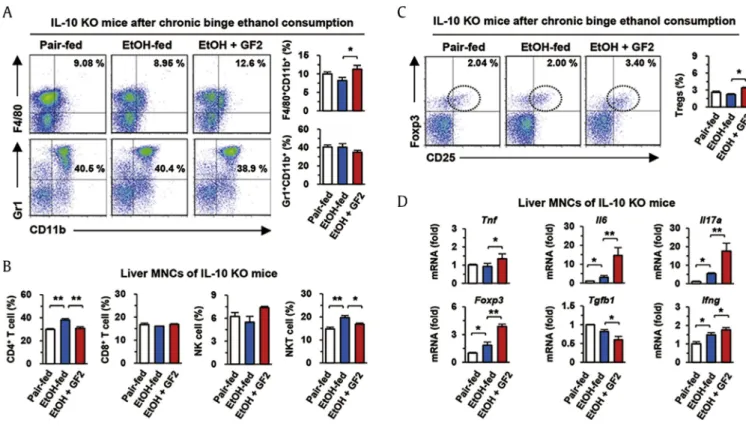 Fig. 5. GF2 aggravates alcoholic inﬂammatory response in IL-10 KO mice. Isolated liver MNCs from three groups (pair-fed, EtOH-fed, and EtOH þ GF2) of IL-10 KO mice were subjected to ﬂow cytometry or qRT-PCR analysis