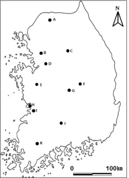 Fig. 1. Map of study sites. Closed circles  indicate sampling sites. (A : Cheolwon  (CW), B : Suwon (SU), C : Wonju (WO), D : Ansung (AN), E : Cheongyang (CY), F :  Mungyeong (MU), G : Boeun (BO), H :  Gunsan (GU), I : Kimje (KI), J : Hamyang  (HY), K : Hw