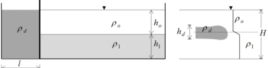 Fig. 1. Sketch of lock-exchange experiment for density  currents propagating into an unstratified fluid