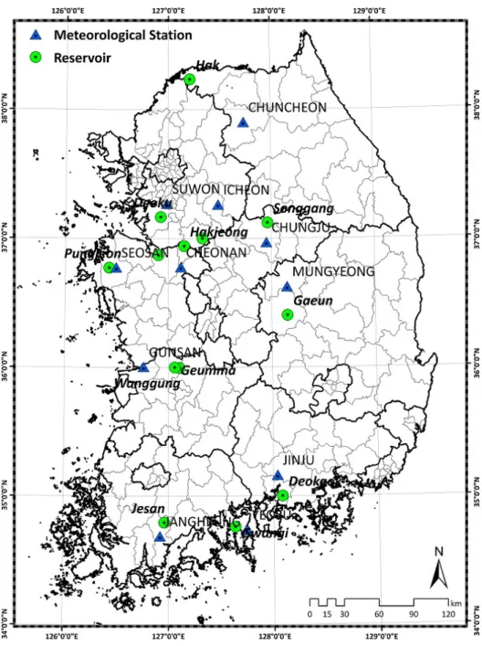 Fig. 1 Locations of the agricultural reservoirs and meteorological stations used in this study수지를 대상으로 저수지용량증대계획지구 (2014), 최근 영농대비 용수확보 추진지구 (가뭄대책지구, 2017)를 고려하되 저수지 유역배율 (관개면적 대비 유역면적의 비율) 기준으로 대상지구를 선정하였다