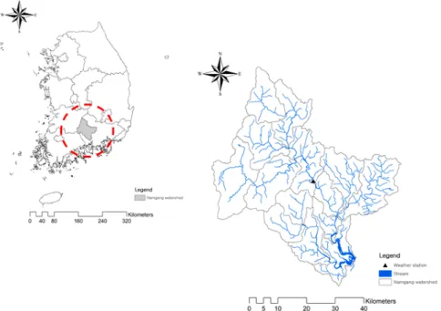 Fig. 1 Location and stream network of Namgang dam watershed가 미흡하고 분석이 필요한 유역들이 남아있다. SWAT 모형을 이용하여 다양한 수문인자들의 대한 분석과 고찰에 대한 방법들은 이미 정립되어 있기 때문에 수자원 평가가 미흡한 유역에 최신 경향을 반영한 RCP 시나리오를 적용할 필요가 있다고 판단된다.본 연구의 대상유역인 남강댐 유역은 연평균 강수량이 1,634 mm (2000~2014년의 연평균 강수량