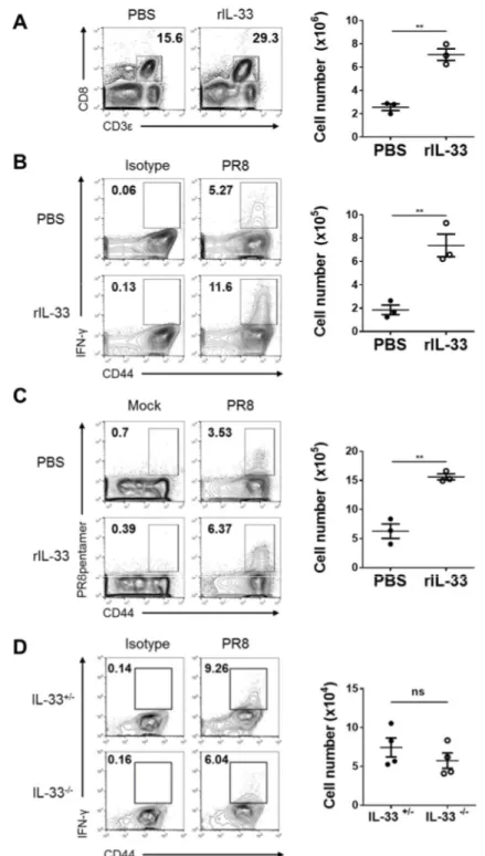 Figure  4.  Exogenous  IL-33,  but  not  endogenous  IL-33,  enhanced  CD8  T-cell  responses  against  influenza infection