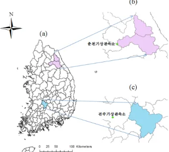 Fig. 2 (a) 남한, (b) 소양강댐 유역, (c) 용담댐 유역 Fig. 3  2014년 MODIS 위성 자료 DEM; (a) 용담댐 유역 및 (b) 소양강댐 유역2