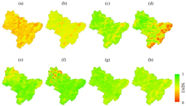 Fig. 5 용담댐 유역 2014년 MODIS 위성 자료 NDVI (a : 3월, b : 4월, c : 5월, d : 6월, e : 7월, f : 8월, g : 9월, h : 10월)