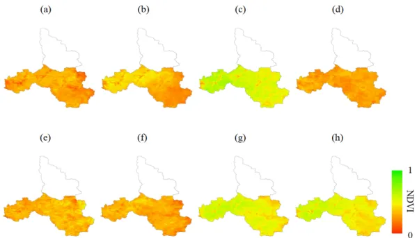 Fig. 6 소양강댐 유역 2014년 MODIS 위성 자료 NDVI (a : 3월, b : 4월, c : 5월, d : 6월, e : 7월, f : 8월, g : 9월, h : 10월) Fig