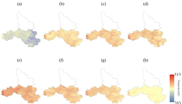 Fig. 8 소양강댐 유역 2014년 MODIS 위성 자료 지표온도 (a : 3월, b : 4월, c : 5월, d : 6월, e : 7월, f : 8월, g : 9월, h : 10월) Fig