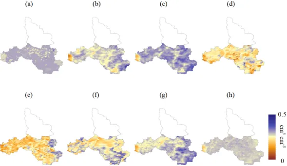 Fig. 10 소양강댐 유역 2014년 MODIS 위성 자료 토양수분 (a : 3월, b : 4월, c : 5월, d : 6월, e : 7월, f : 8월, g : 9월, h : 10월) Fig