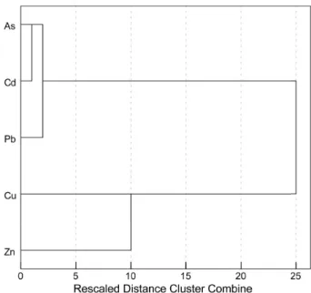 Fig. 2  Hierarchical dendrogram showing clustering of metal(loid)s  according to Ward’s methods, using squared Euclidean  distance2015), 그 값이 50 % 이상이면 해당 성분들은 인위적 활동에 의해 유래되었을 가능성이 높다 (Yun et al., 2016)
