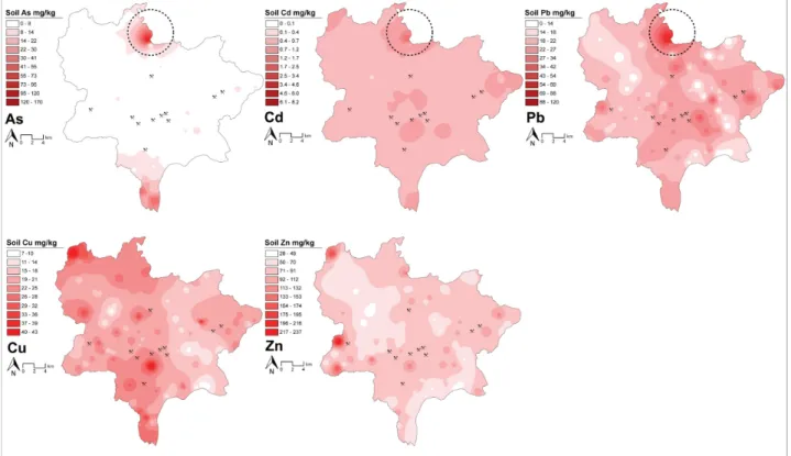 Fig. 4 Spatial distribution of As, Cd, Cu, Pb, and Zn in agricultural soils. The circle with a dotted black line shows the common hot spots  of metal(loid)s 낸 것이다