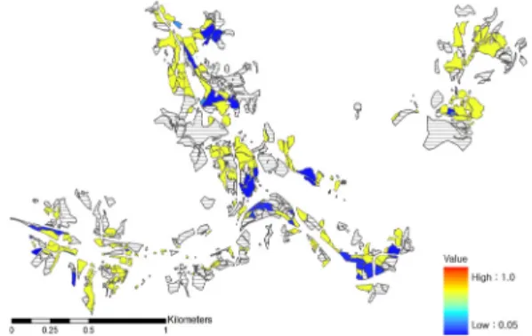 Fig. 6 Land cover management factor by parcels before soil-filling  work (max. 1.00 &amp; min