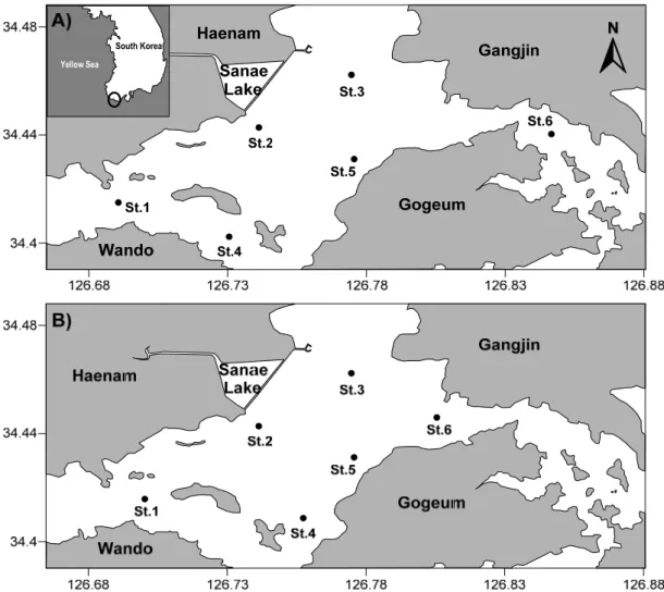 Fig. 1. Sampling stations located in Wando-doam Bay in April, June and July. Location of sampling stations differed in  April-June (A) and July (B).