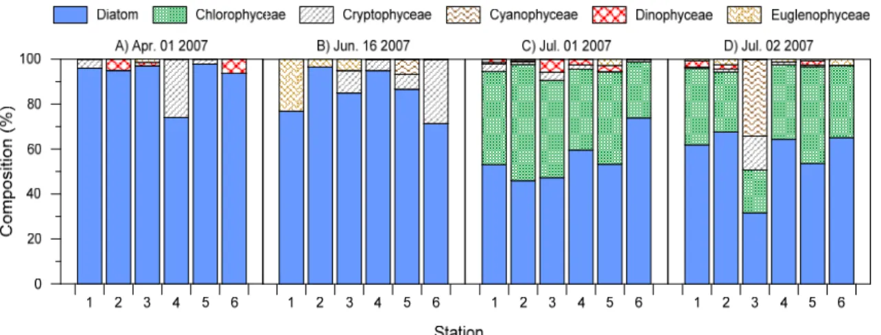 Fig. 7. Percent contribution of phytoplankton groups to total abundances.
