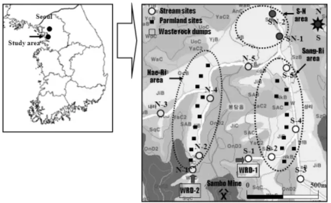 Fig. 1. Study area and sampling locations of the Sambo mine creek. 삼보광산  수계  인근  토양의  중금속  오염도를  평가하기  위 하여  광산  하류의  논토양은  2006년  10월에,  하천  퇴적토를  2006년(8월, 12월)부터 2007년(4월)  사이에 4개월 주기 총 3 회  채취하였다