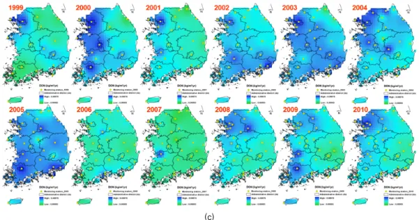 Fig. 3 Distribution map of atmosphere deposition (1999∼2010) : (a) NO 3 - , (b) NH 4 +  and (c) DON 