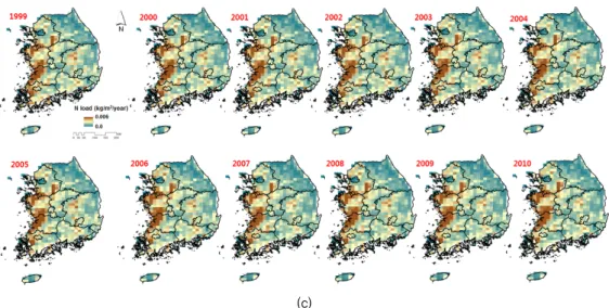 Fig. 5 Distribution map of fertilizer, manure, and fixation (1999∼2010) : (a) NO 3 - , (b) NH 4 +  and (c) DON