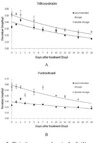 Fig. 5. Dissipation curves of pyrimethanil (A) and  trifloxystrobin (B) after subtraction of dilution  effect due to thickening growth of persimmon during cultivation periods.
