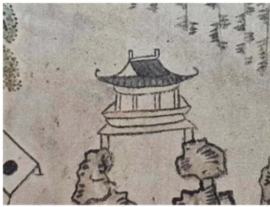 그림 20. 20세기(작가미상)-국립 춘천박물관도록, 민박(관동팔경도 병) 다른 그림들은 모두 북쪽 처마가 증축된 1788년 이 후의 건물이다. 공교롭게도 김홍도와 강세황의 그림이 북쪽 처마를 달아낸 1788년 같은 해에 그린 것이다