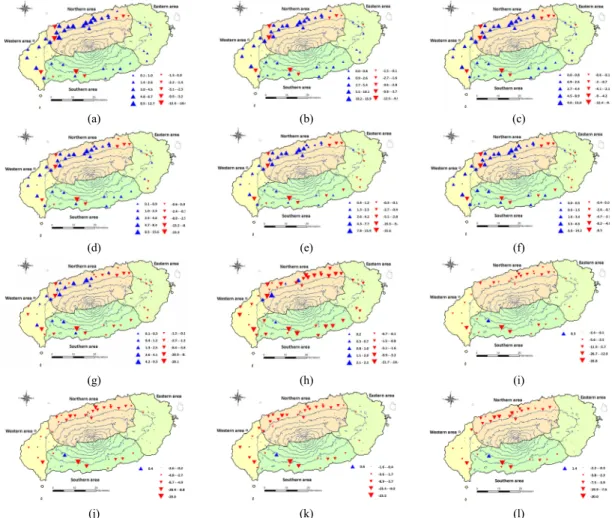 Fig. 6. Groundwater level variation in 2013 compared to the average value from January(a) to December(l) in Jeju Island.