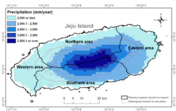 Fig. 2. Spatial distribution of mean annual precipitation during  the 2001~2010 period.