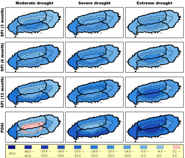 Fig. 6. Changes in number of droughts for the 2015~2044 period compared to 2001~2010 average (unit: month/10years)