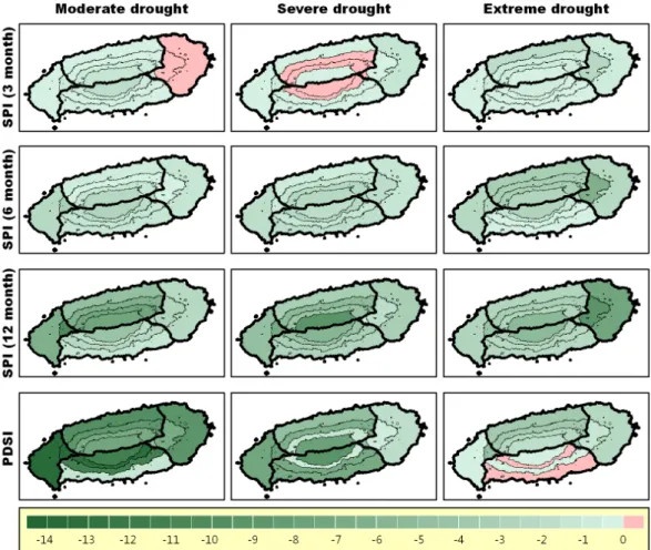 Fig. 7. Changes in drought duration for the 2015~2044 period compared to 2001~2010 average (unit: month).로 예측된 것은 산지지역의 강한 기온상승과 관련되어 있는 것으로 판단된다.3.3