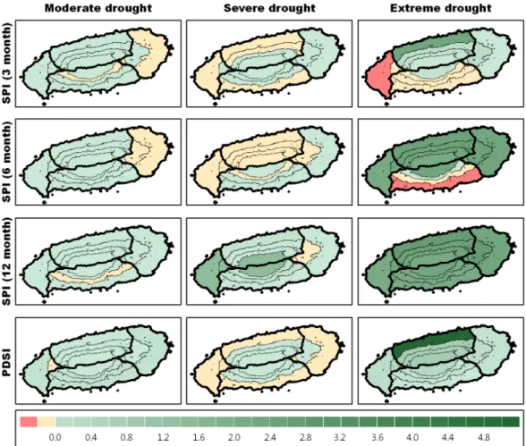 Fig. 8. Changes in drought severity for the 2015~2044 period compared to 2001~2010 average (unit: SPI).석결과에서는 제주도 전 지역의 심한 가뭄 지속기간이 1~3개월 짧아질 것으로 예상되었다
