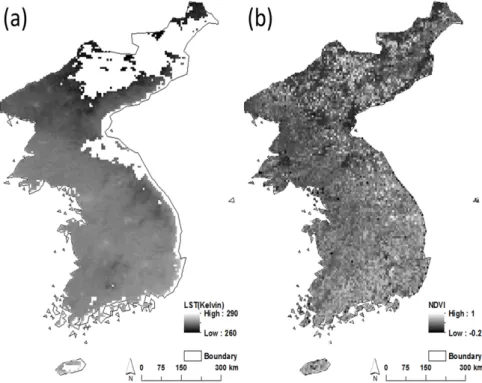 Fig. 2 Example of satellite data at 1 January 2013: (a) LST and (b) NDVI효과가 상이한 두 파장역 (10.8 ㎛, 12.0 ㎛)을 이용하여 대기