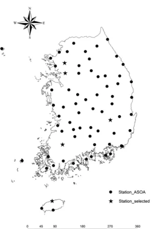 Fig. 1 The location of rainfall stations. Five stars represent the  stations of which results (e.g., graphs) are presented in  the paper as an example.