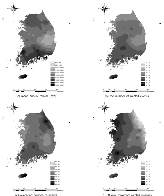Fig. 2  Spatial distribution of (a) mean annual rainfall (mm), (b) the annual  number of rainfall events, (c) averaged period of rainfall events  (days), and d) averaged 30min