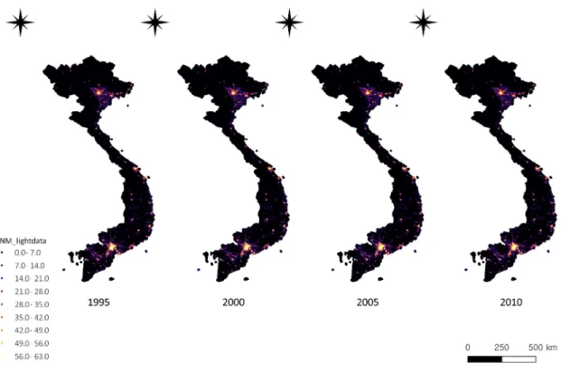 Figure 1. Vietnamese night-time light pattern from 1995 to 2010. Figure 1.Vietnamese night-time light pattern from 1995 to 2010.3.2