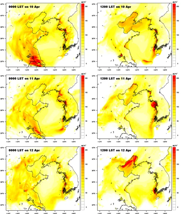Fig. 4. Horizontal distribution of simulated surface level PM 2.5  concentration at 0000 and 1200 LST on 10(up), 11(middle)  and 12(bottom) in April, 2009.