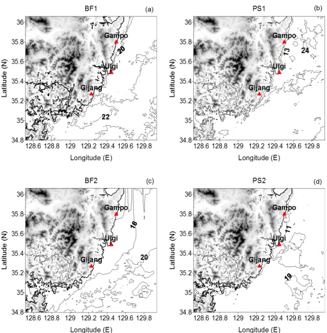Fig. 5. The spatial distribution of the observed SST in (a) BF1, (b) BF2, (c) PS1, and (d) PS2