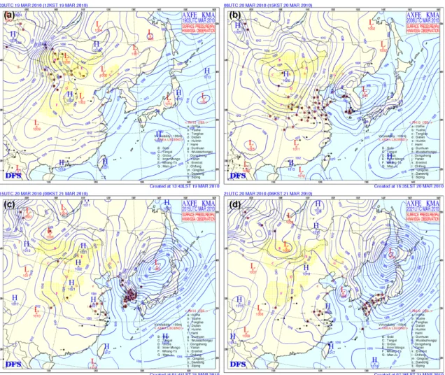 Fig. 1. Surface weather chart for Asian dust at (a) 12 LST 19, (b) 15 LST 20, (c) 00 LST 21, (d) 06 LST 21 March 2010.