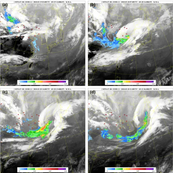 Fig. 2. MTSAT-1R IODI image at (a) 12 LST 19, (b) 16 LST 20, (c) 23 LST 20, (d) 06 LST 21 March 2010