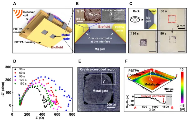 Fig. 2. Geometrically accelerated corrosion as the mechanism for opening a gate. (A) Design of an implantable and wirelessly controlled, bioresorbable drug delivery 
