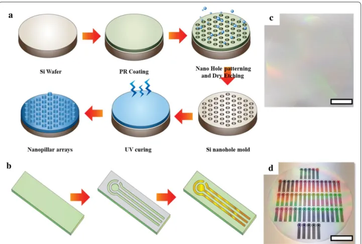 Fig. 1  a Schematic illustration of fabrication process of (a) nanopillar arrays and (b) gold electrode on nanopillar arrays