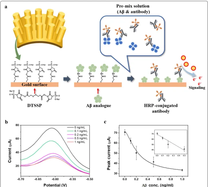 Fig. 4  a Schematic illustration of electrochemical immunoassay for Aβ analysis. b Square wave voltammetry (SWV) graph from each Aβ in the 