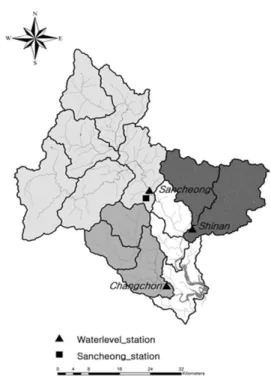 Fig. 1 Location of meteorologic and water level stations in Nam  river dam watershed