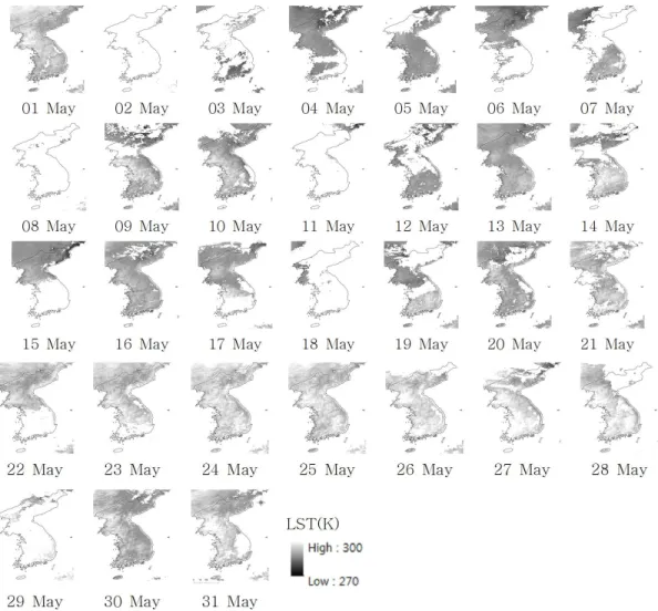 Fig. 6 Daily land surface temperature of COMS satellite in May 2015리오 별로 COMS Daily LST를 산정한 결과를 나타낸 것이다